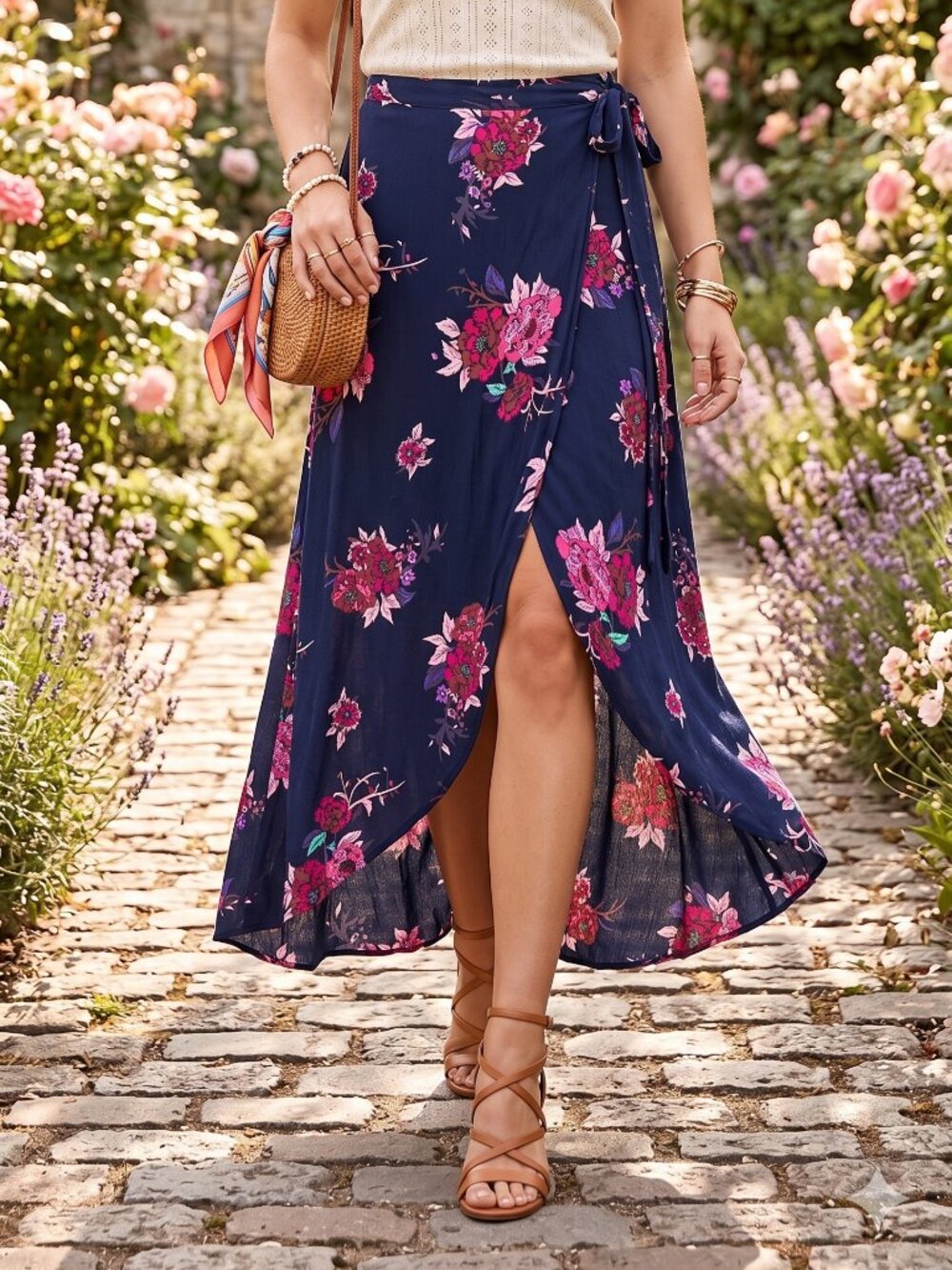 Patrons of Peace Maxi Skirt  Navy Floral Faux Wrap Front Slit Size Medium‎